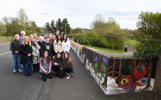 Community members gather at the unveiling of the mural outside Wallsgreen Park.