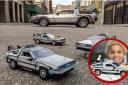 (Background) LEGO® DeLoreans. Credit: LEGO/ Universal Studios
(Circle) A woman holding the LEGO Back to The Future Delorean set. Credit: LEGO