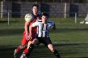 Action from Lochore's fine 4-2 win over Leith Athletic (in red) on Saturday. Photos: David Wardle.