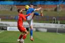 David Struthers came close to levelling against Cumbernauld on Saturday. Here, back in August, he challenges with Saturday's goalscorer Ewan MacPherson. Photo: David Wardle.