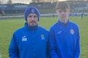 Brandyn Coventry, 16, pictured with Blue Brazil Football Club chairman Mark Marshall, made his Cowdenbeath debut from the bench on Saturday.