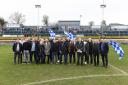 Former Cowdenbeath stars gather on the pitch at half time. (Photo by David Wardle)
