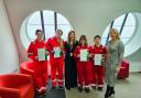 Scholarship recipients with Claire Davidson and Pauline McGeevor at Shell UK's Mossmorran plant.