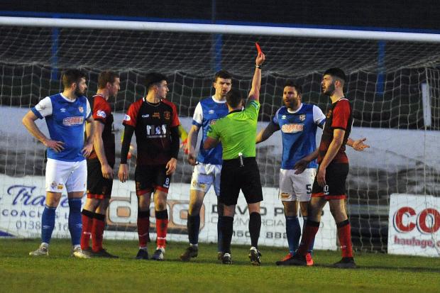 Craig Barr sees red after two quickfire bookings. Photo: David Wardle.