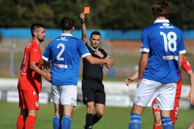 Layton Bisland is sent off on his debut for Cowdenbeath during the 2-0 defeat from Cumbernauld Colts. Photo: David Wardle.