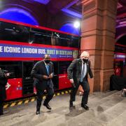 Iconic Stagecoach London bus drops off the Prime Minister Boris Johnson.