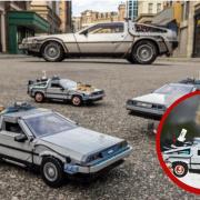 (Background) LEGO® DeLoreans. Credit: LEGO/ Universal Studios
(Circle) A woman holding the LEGO Back to The Future Delorean set. Credit: LEGO