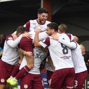 The Kelty Hearts players celebrate Ross Cunningham's second goal on Saturday.