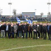 Former Cowdenbeath stars gather on the pitch at half time. (Photo by David Wardle)
