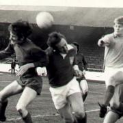 Ronnie McHale (left) in aerial action for Cowden against Stranraer, in 1974.